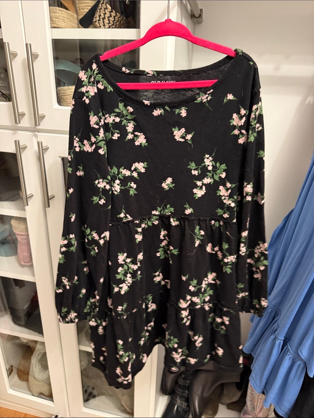 Old Navy Black Floral Tiered Long-Sleeve Dress with Pink Blossoms